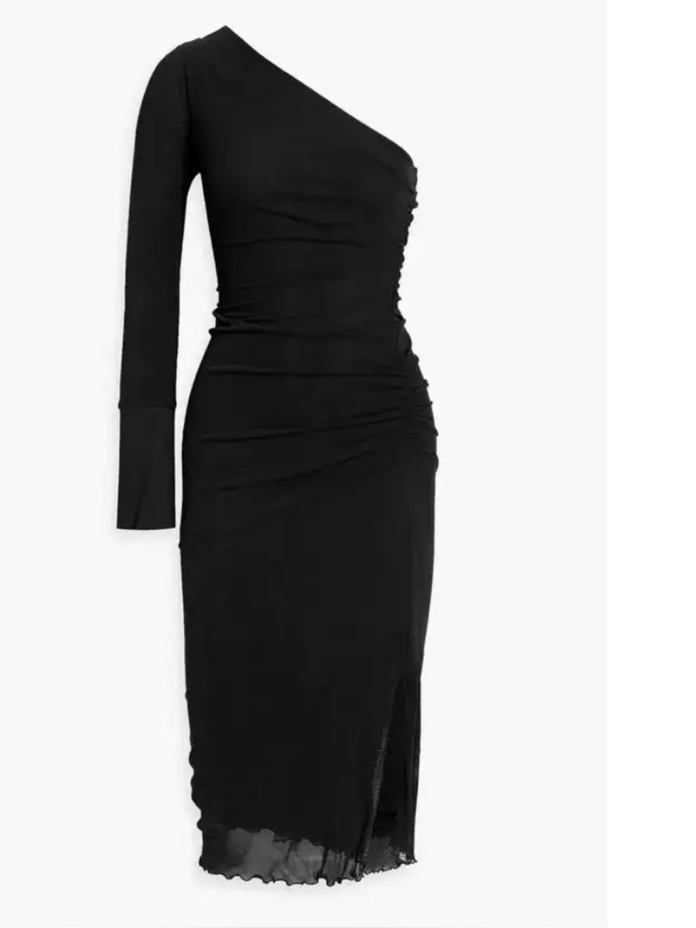 DVF One-Shoulder Black Ruched Midi Dress